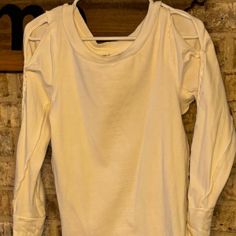 Free People White Long Sleeve Ribbed Top With Shoulder Cutouts
